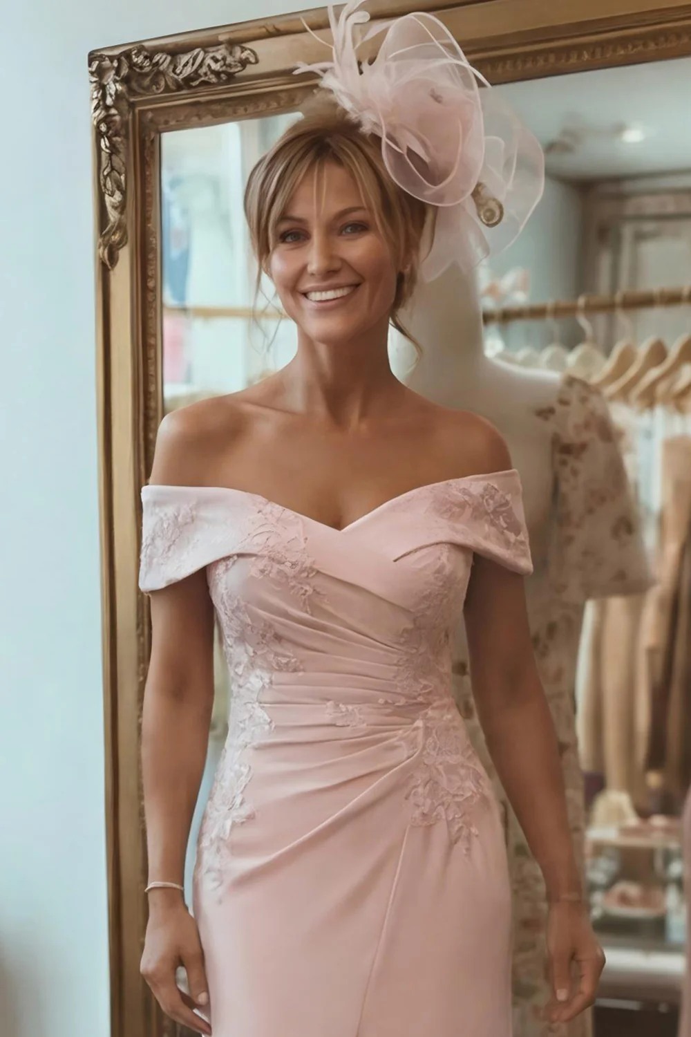 Blush Pink Sheath Off The Shoulder Mother Of The Bride Dress with Slit - Image 3