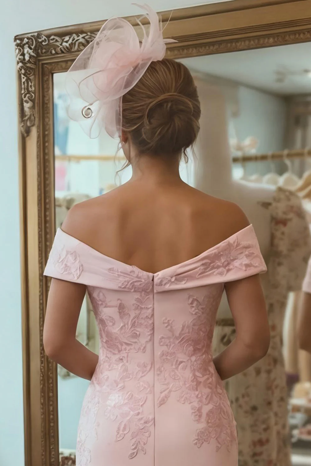 Blush Pink Sheath Off The Shoulder Mother Of The Bride Dress with Slit - Image 4