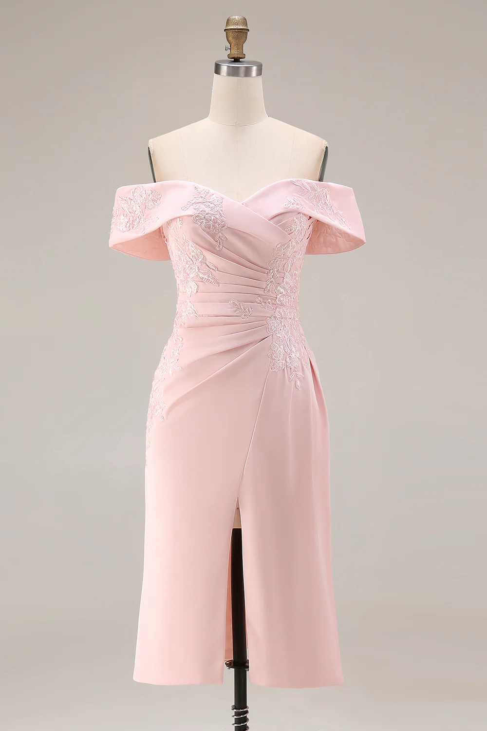 Blush Pink Sheath Off The Shoulder Mother Of The Bride Dress with Slit - Image 5