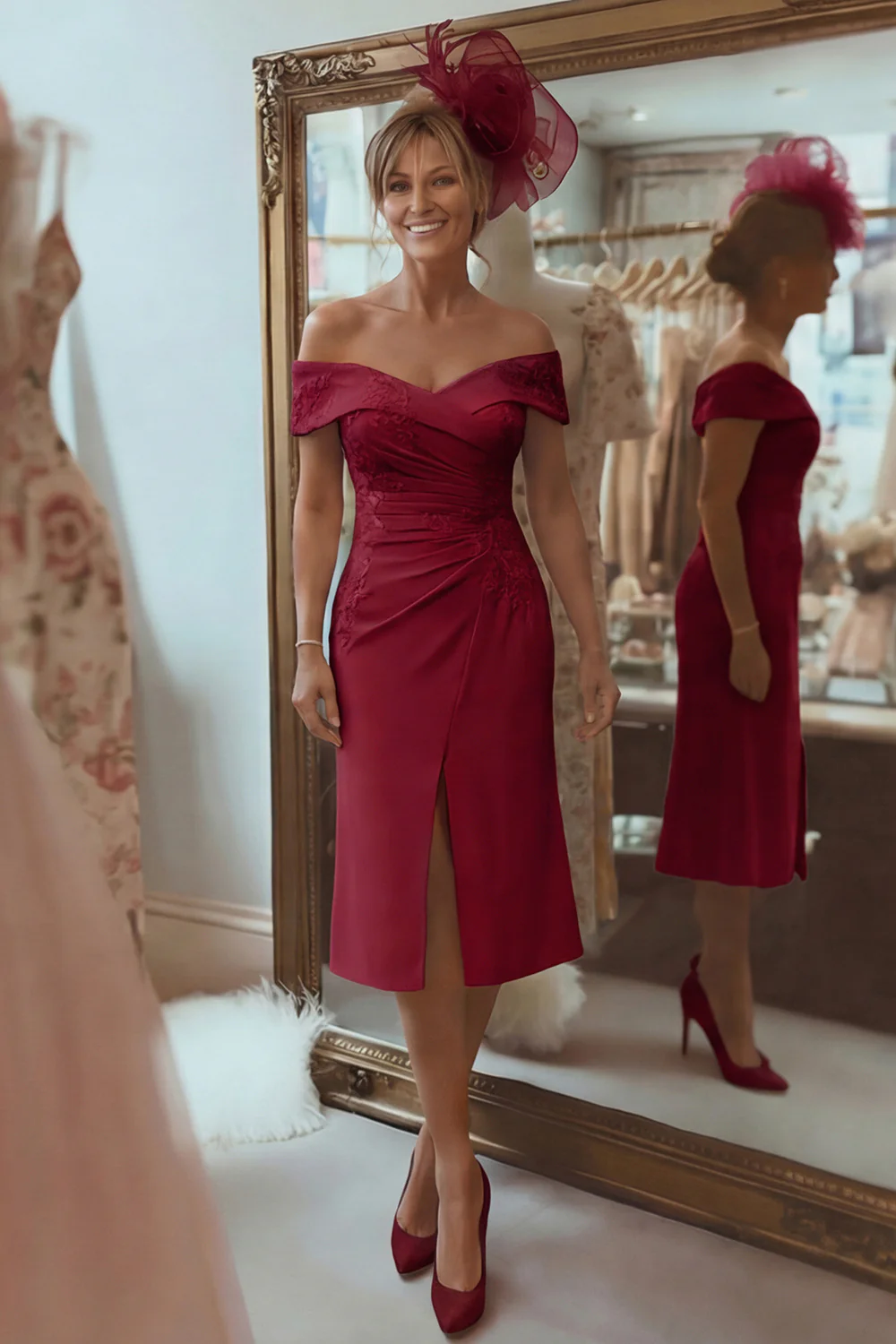 Blush Pink Sheath Off The Shoulder Mother Of The Bride Dress with Slit - Image 7