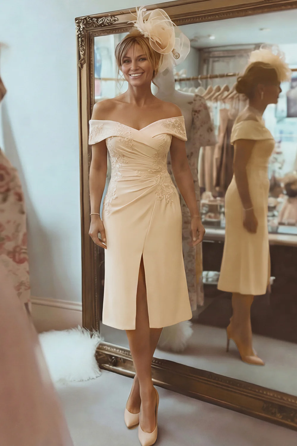 Blush Pink Sheath Off The Shoulder Mother Of The Bride Dress with Slit - Image 8