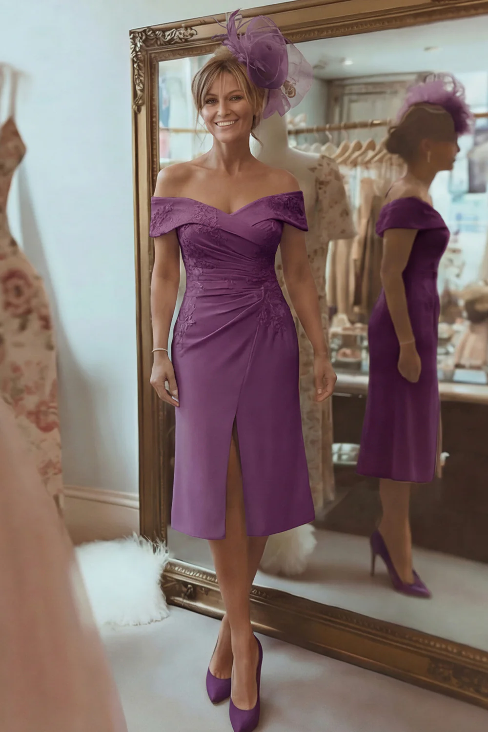 Blush Pink Sheath Off The Shoulder Mother Of The Bride Dress with Slit - Image 9