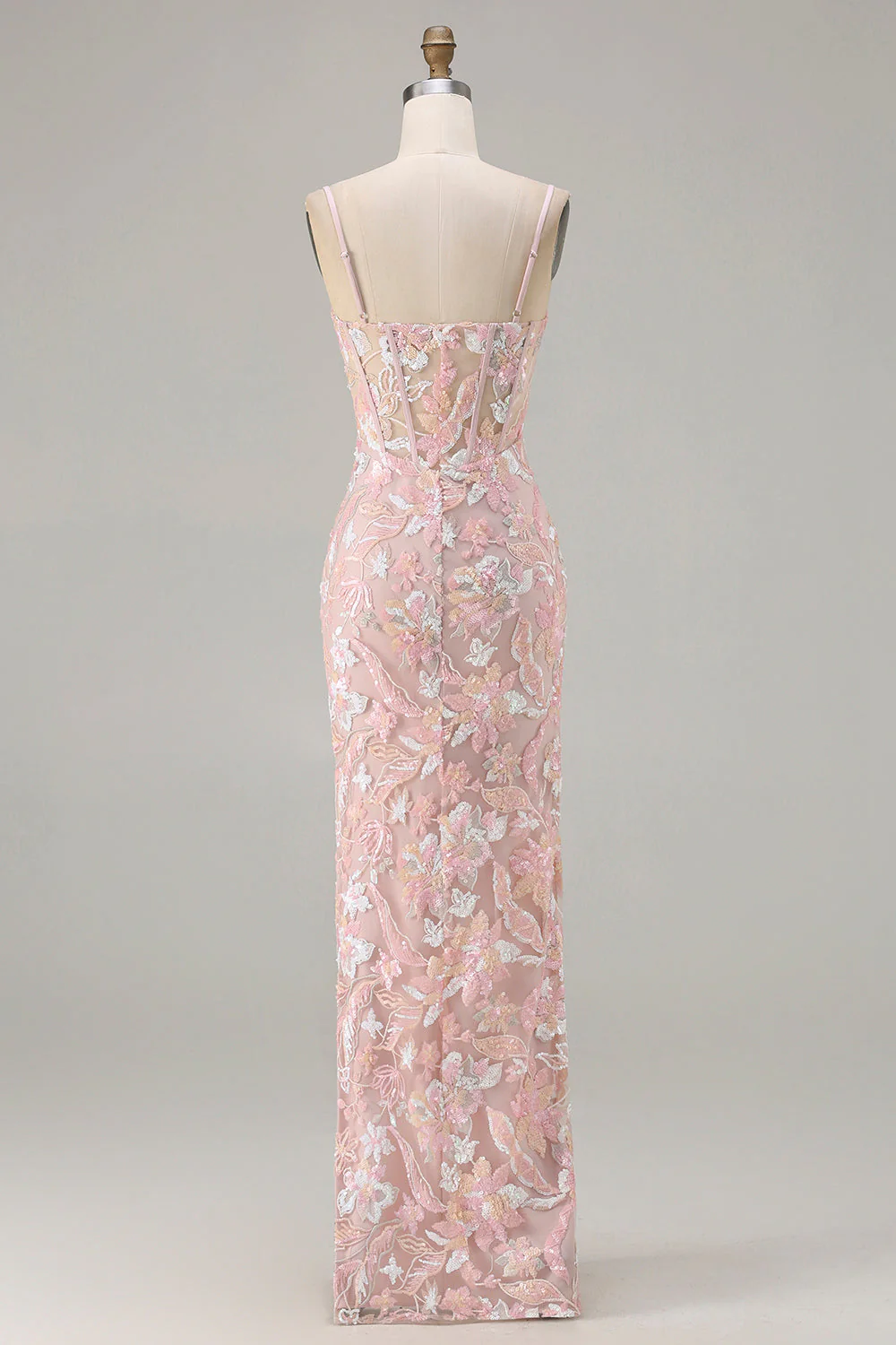 Blush Pink Sheath Sequin Corset Spaghetti Straps Long Prom Dress - Image 2