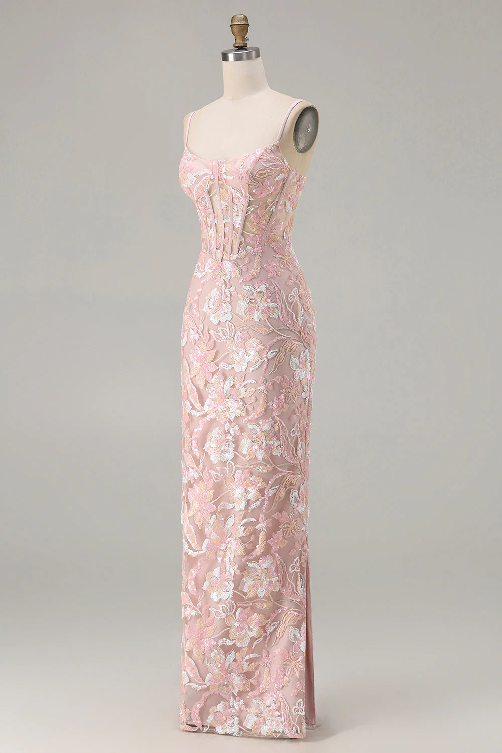 Blush Pink Sheath Sequin Corset Spaghetti Straps Long Prom Dress - Image 3