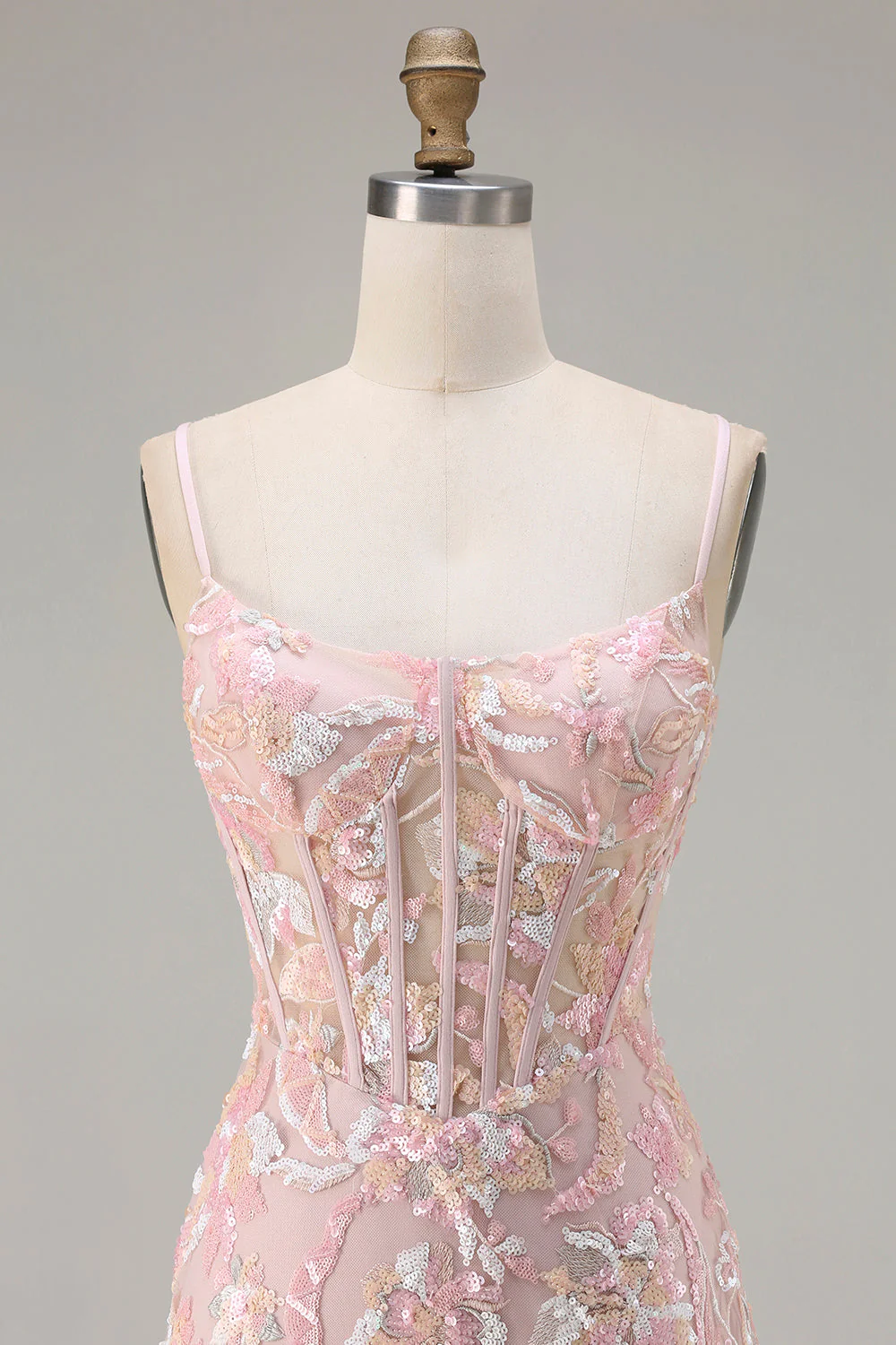 Blush Pink Sheath Sequin Corset Spaghetti Straps Long Prom Dress - Image 4
