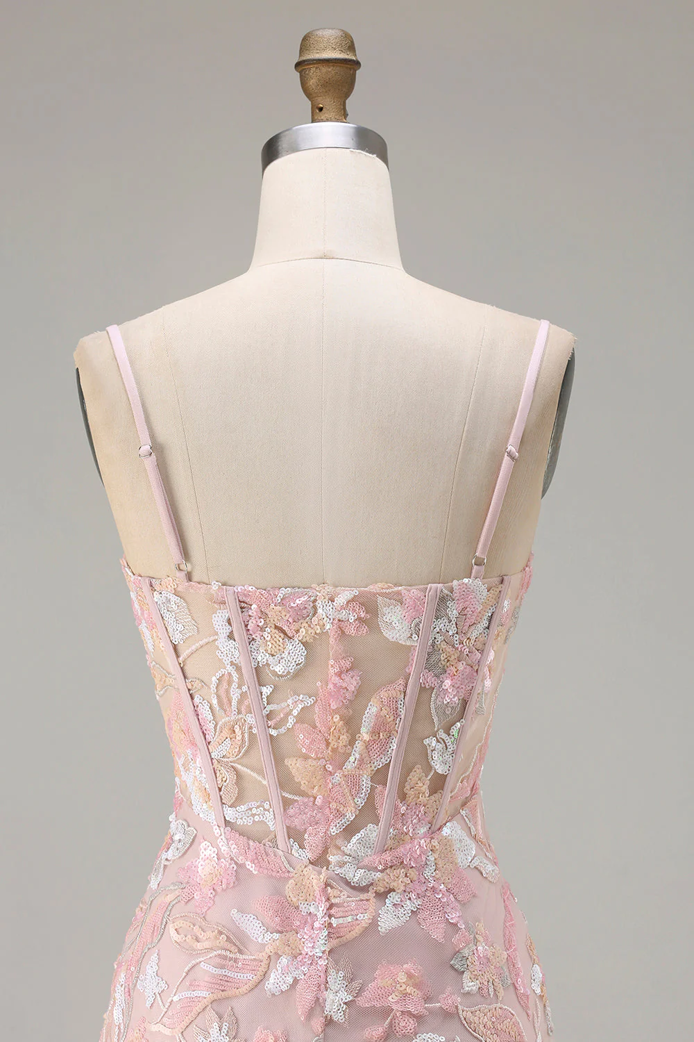 Blush Pink Sheath Sequin Corset Spaghetti Straps Long Prom Dress - Image 5