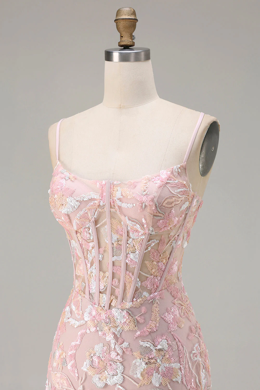 Blush Pink Sheath Sequin Corset Spaghetti Straps Long Prom Dress - Image 6