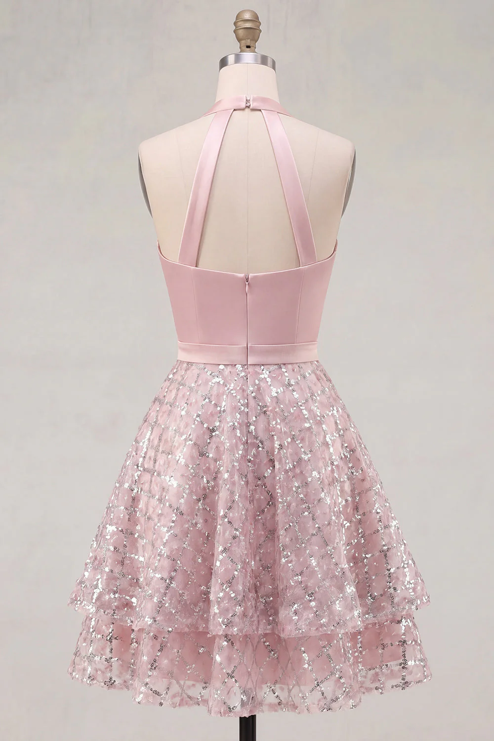 Halter Blush A-Line Neck Ruched Cocktail Dress with Sequins - Image 2