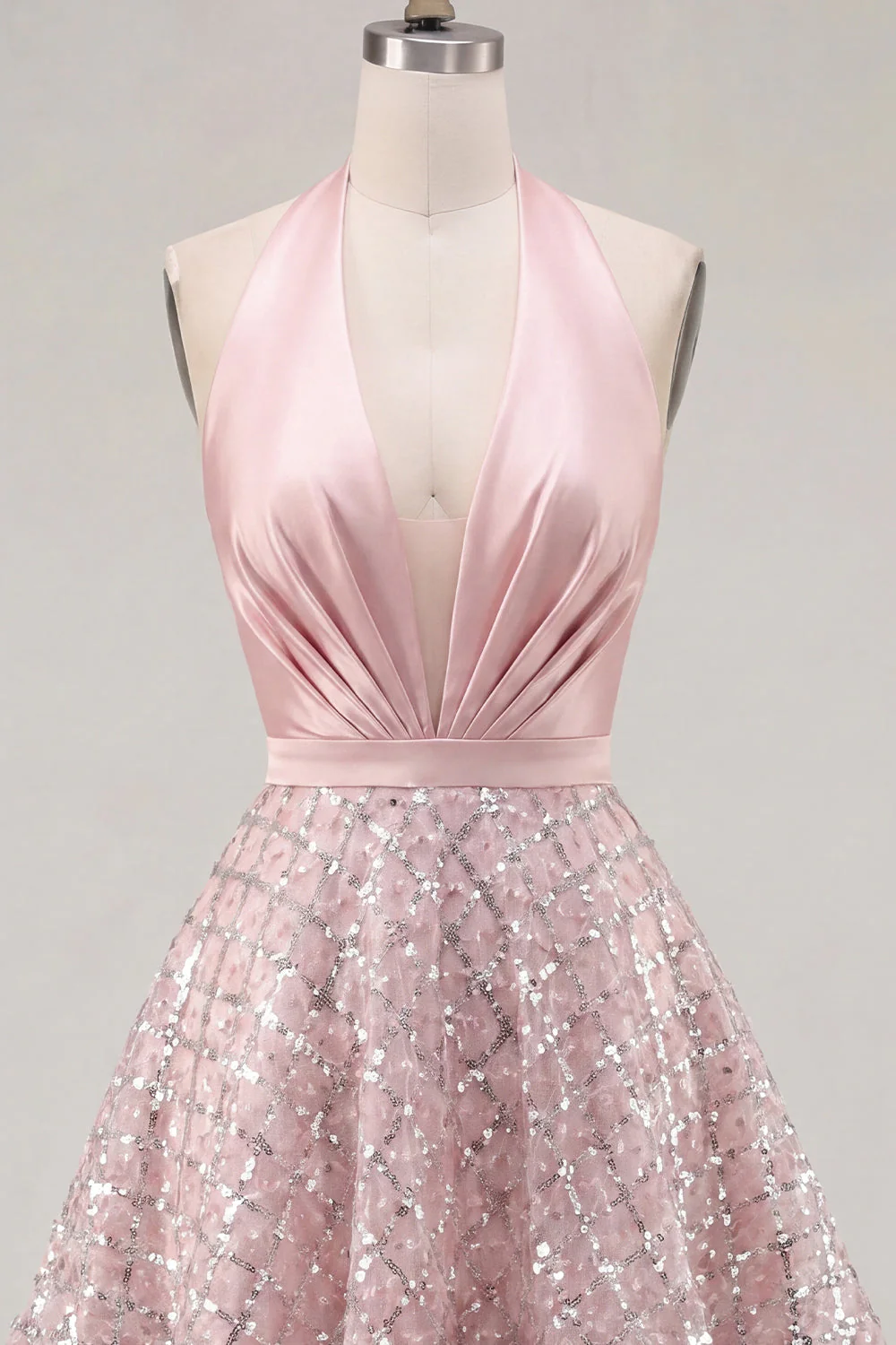 Halter Blush A-Line Neck Ruched Cocktail Dress with Sequins - Image 5