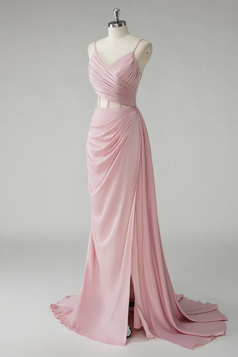 Blush Spaghetti Straps Corset Pleated Sheath Long Prom Dress - Image 3