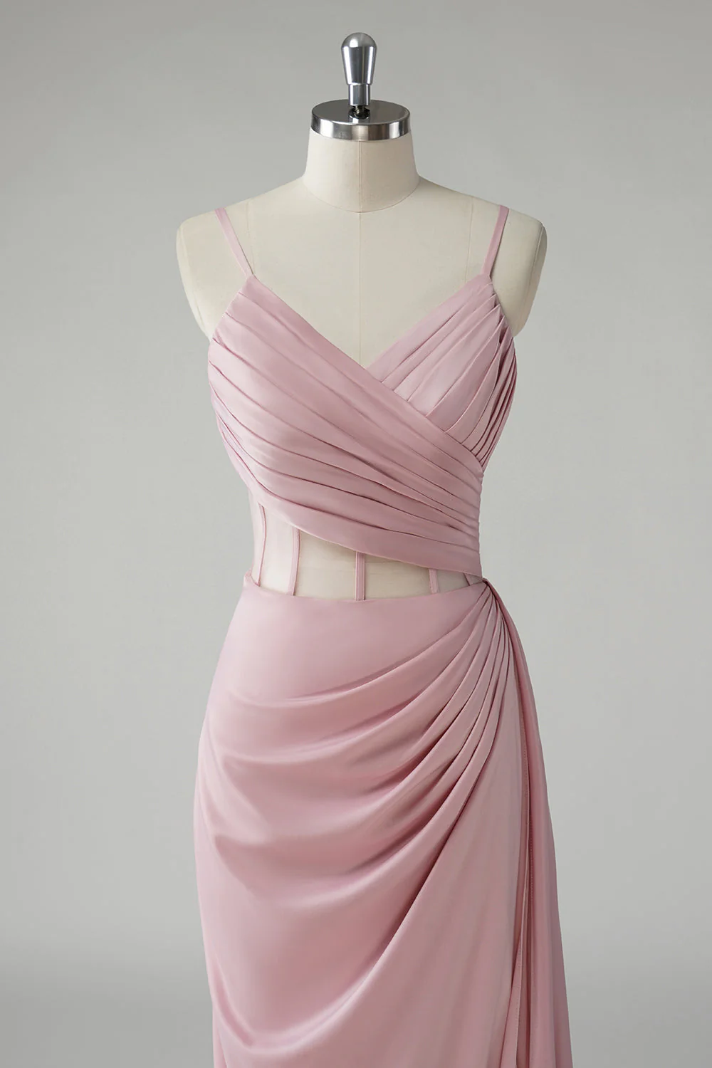 Blush Spaghetti Straps Corset Pleated Sheath Long Prom Dress - Image 4