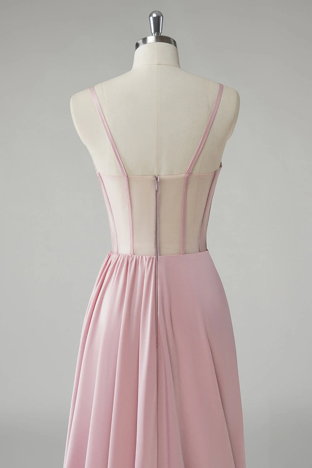 Blush Spaghetti Straps Corset Pleated Sheath Long Prom Dress - Image 5