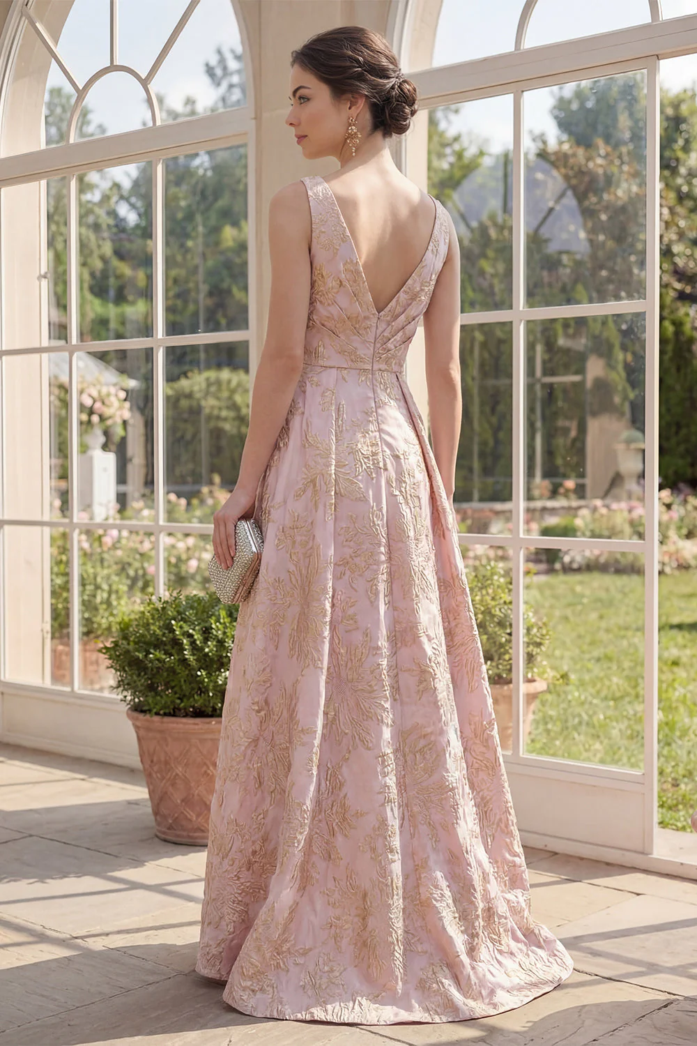 Blush Jacquard A Line V-Neck Maxi Floral Dress with Slit - Image 2