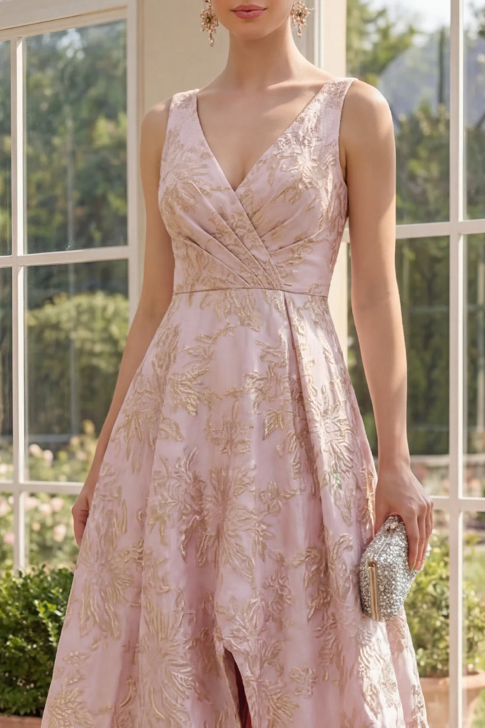 Blush Jacquard A Line V-Neck Maxi Floral Dress with Slit - Image 3