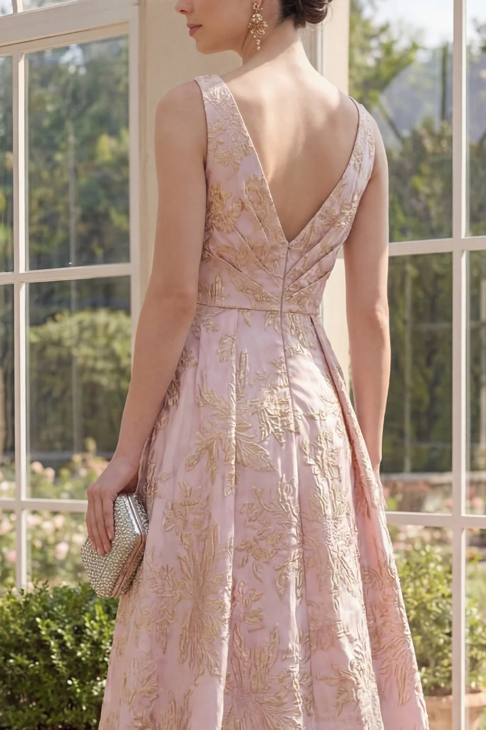 Blush Jacquard A Line V-Neck Maxi Floral Dress with Slit - Image 4