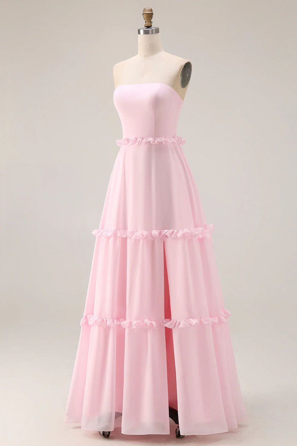 Blushing Pink Strapless A Line Chiffon Long Bridesmaid Dress with Slit - Image 3