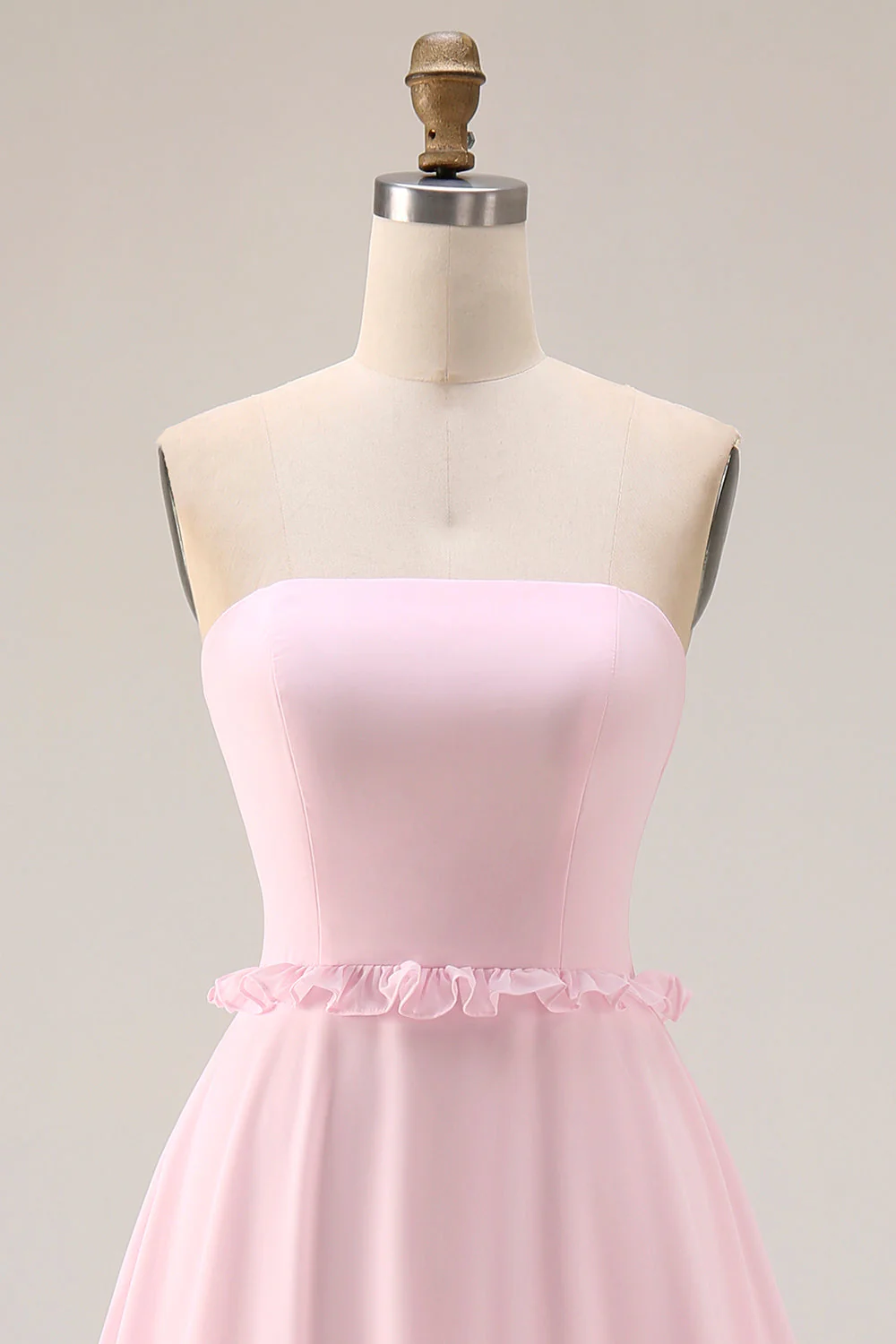Blushing Pink Strapless A Line Chiffon Long Bridesmaid Dress with Slit - Image 4