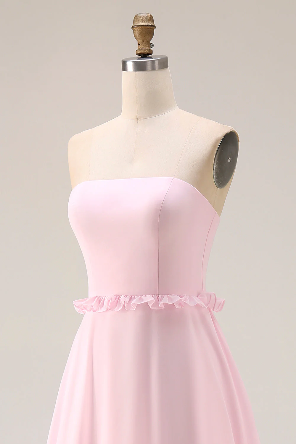 Blushing Pink Strapless A Line Chiffon Long Bridesmaid Dress with Slit - Image 6