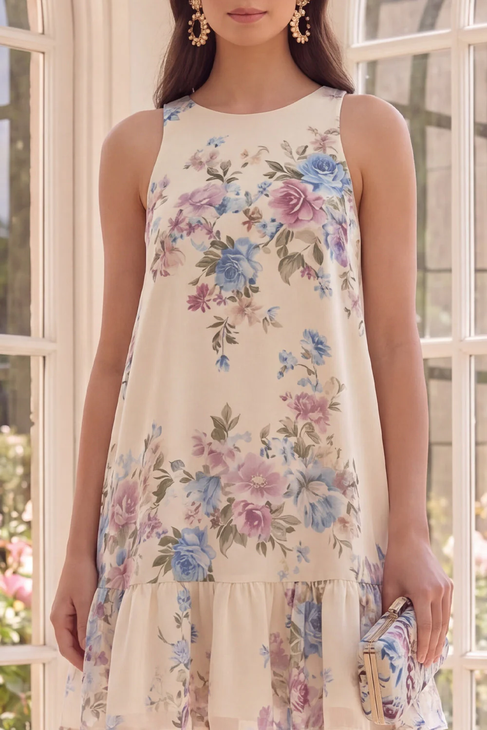Apricot Floral A Line Boat Neck Mini Floral Dress - Image 3