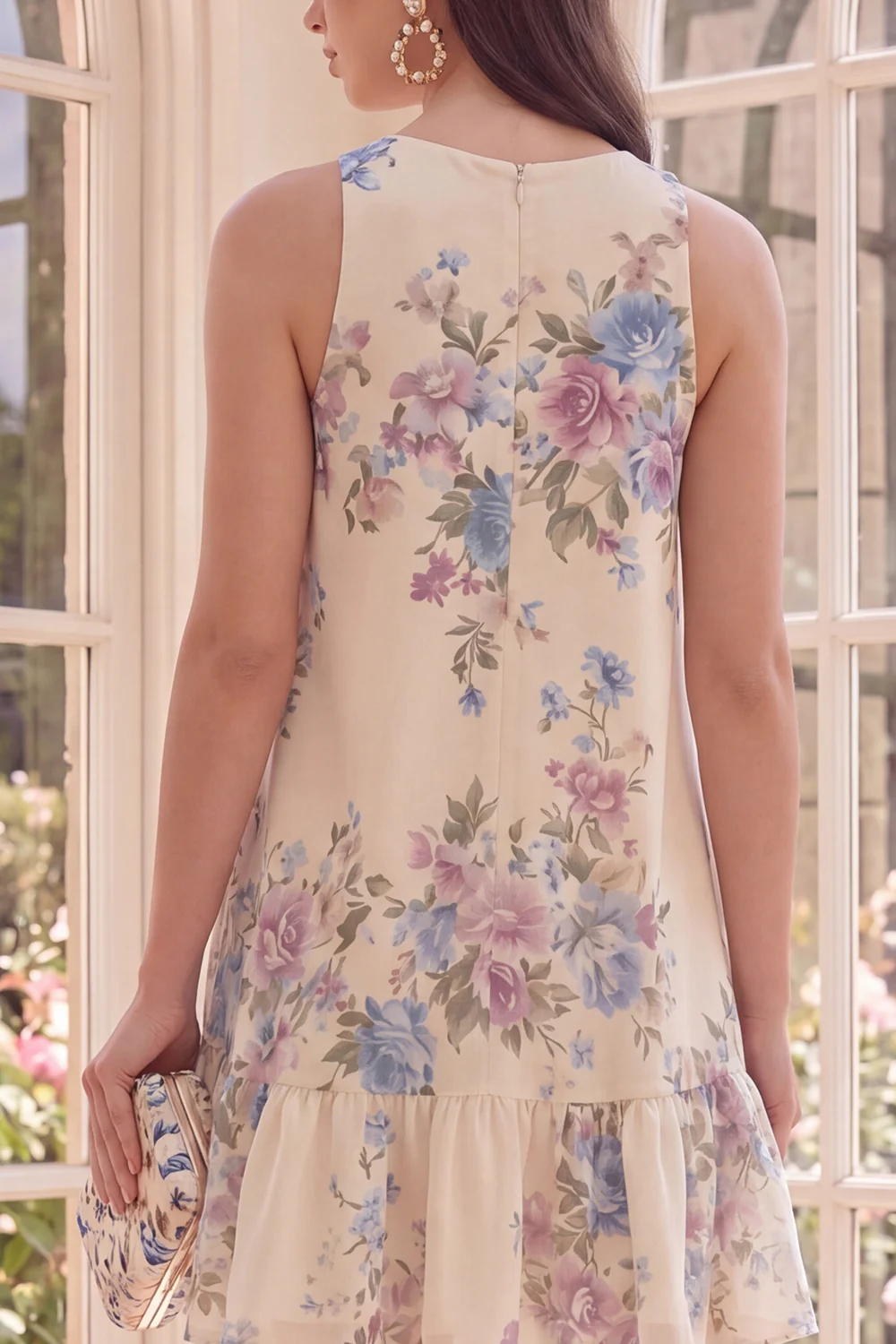 Apricot Floral A Line Boat Neck Mini Floral Dress - Image 4