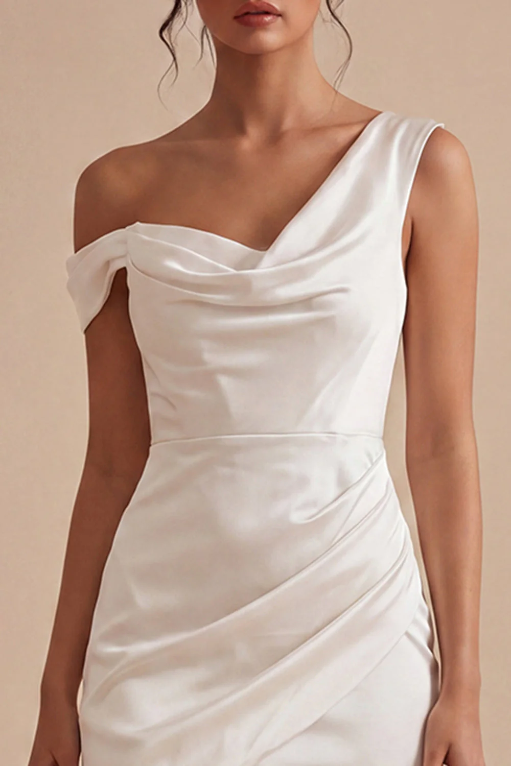 Bodycon White Asymmetrical Neck Ruched Graduation Dress - Image 3