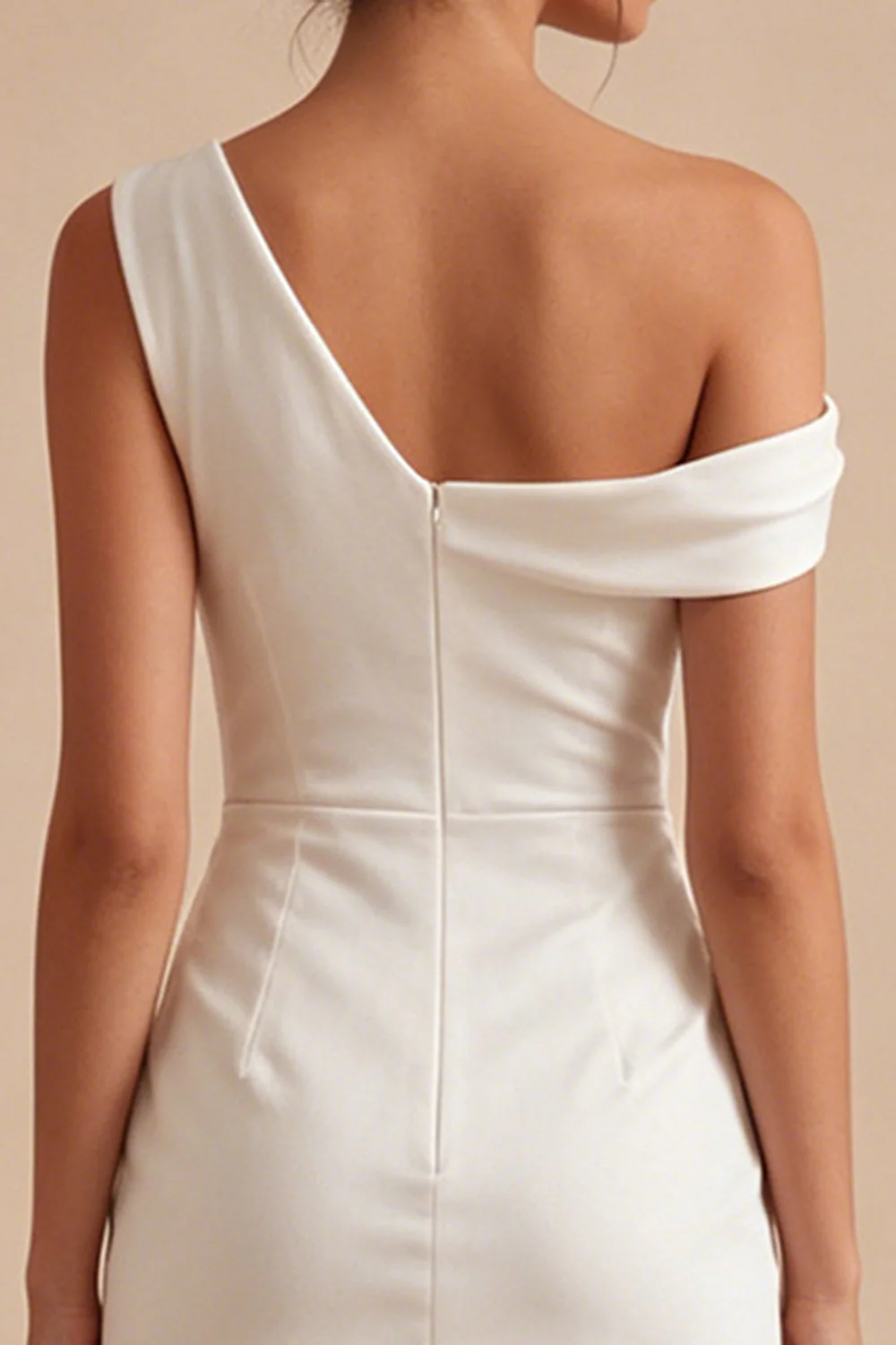 Bodycon White Asymmetrical Neck Ruched Graduation Dress - Image 4