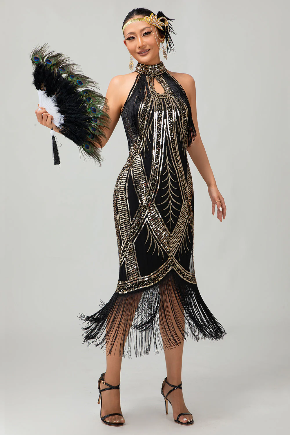 Bodycon Halter Black Golden Sequin 1920s Dress With Fringes - Image 4