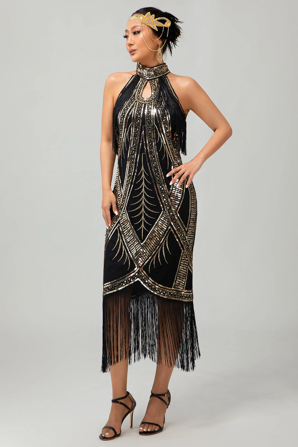 Bodycon Halter Black Golden Sequin 1920s Dress With Fringes - Image 5