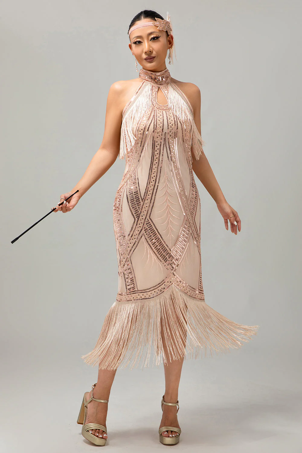 Bodycon Halter Black Golden Sequin 1920s Dress With Fringes - Image 8
