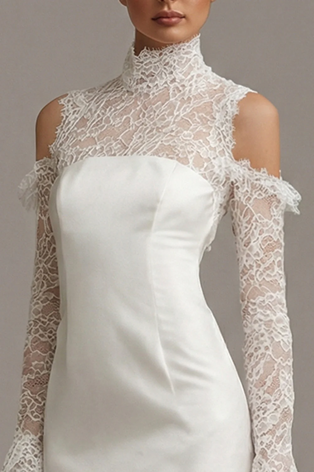 Bodycon High Neck Little White Dress with Lace Long Sleeves - Image 3