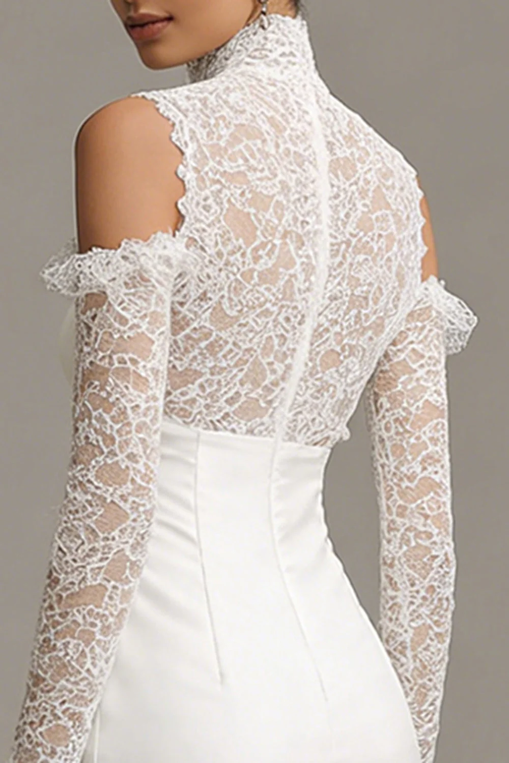 Bodycon High Neck Little White Dress with Lace Long Sleeves - Image 4