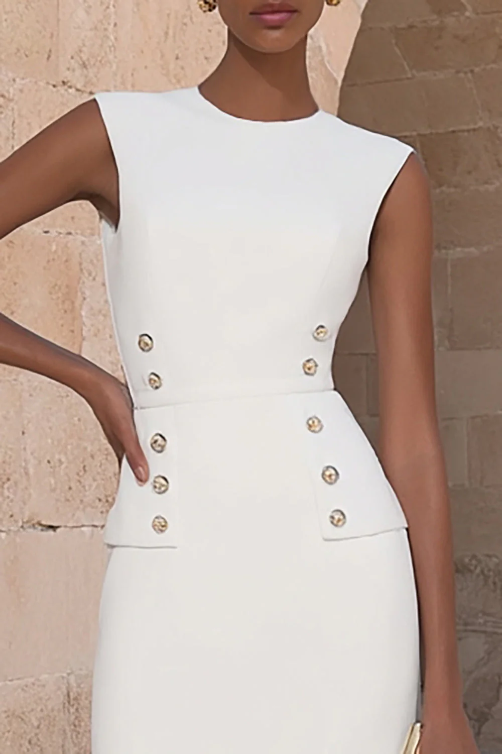 Bodycon Ivory Round Neck Double Breasted Midi Work Dress - Image 3