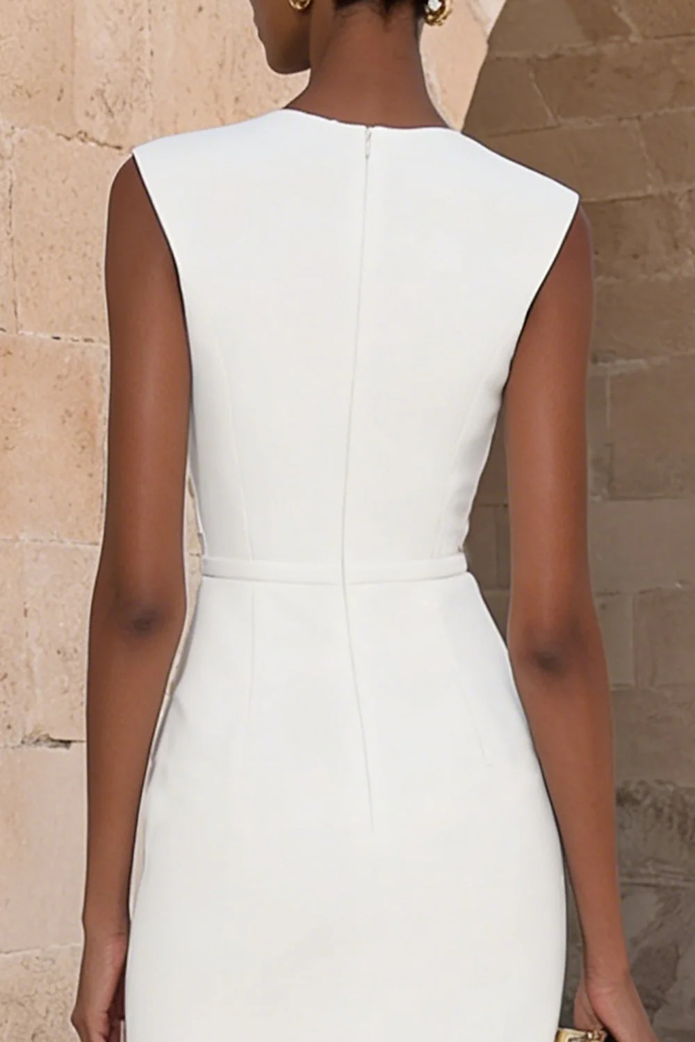 Bodycon Ivory Round Neck Double Breasted Midi Work Dress - Image 4