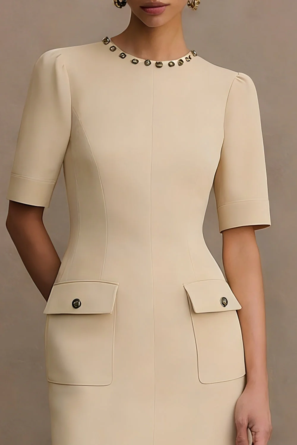 Bodycon Ivory Round Neck Short Work Dress with Pockets - Image 10