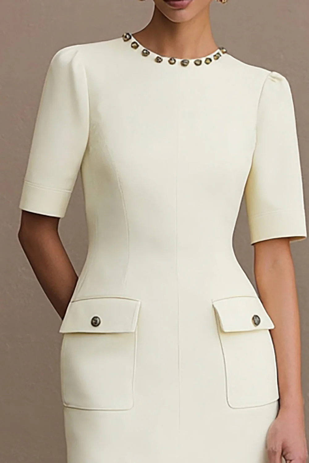 Bodycon Ivory Round Neck Short Work Dress with Pockets - Image 3