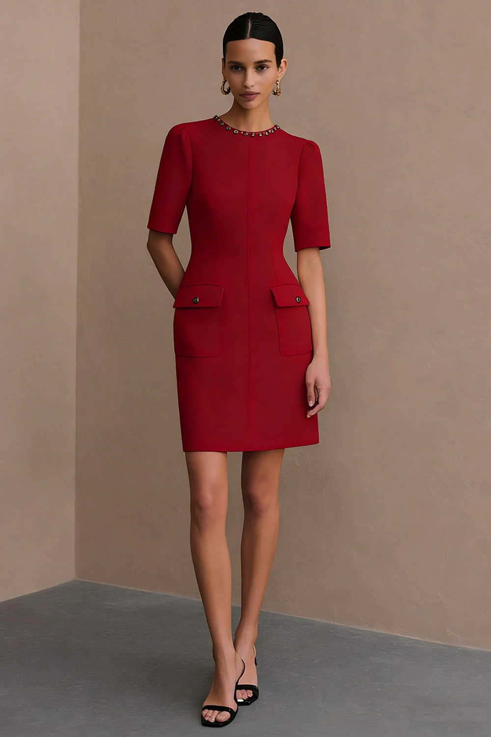 Bodycon Ivory Round Neck Short Work Dress with Pockets - Image 5