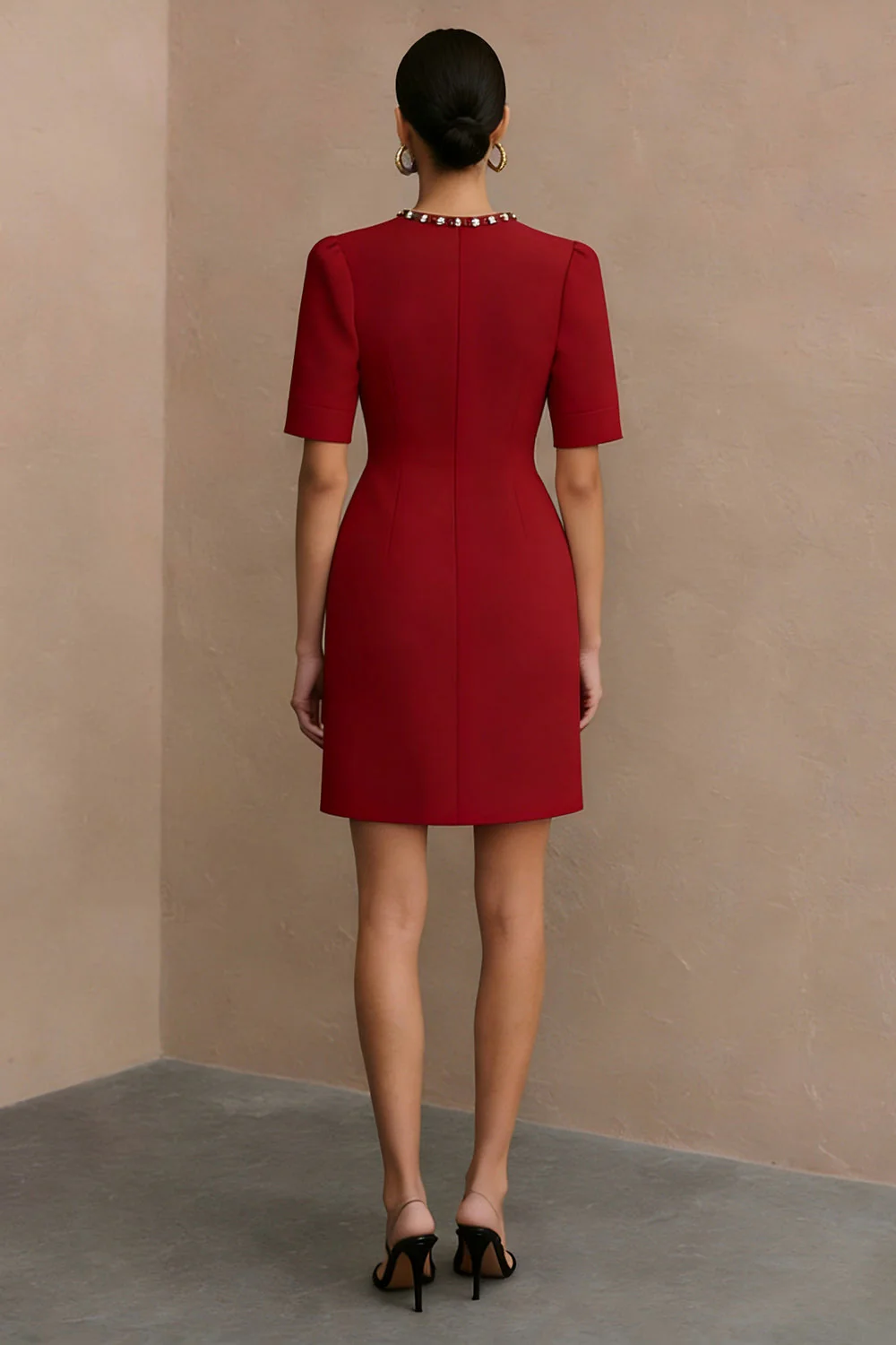 Bodycon Ivory Round Neck Short Work Dress with Pockets - Image 6