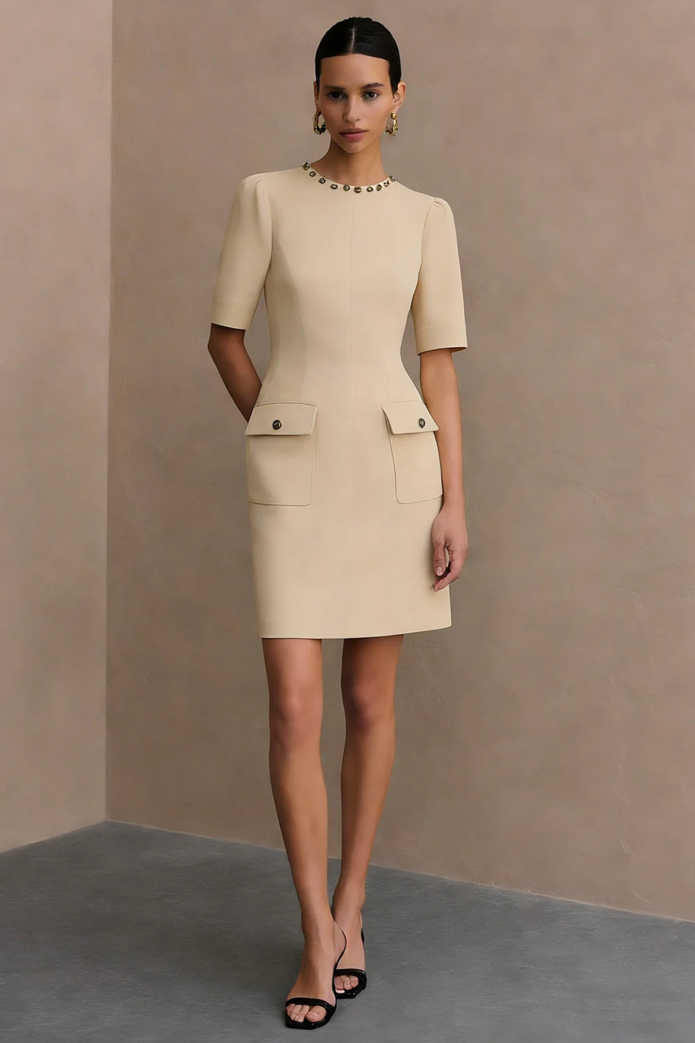 Bodycon Ivory Round Neck Short Work Dress with Pockets - Image 9