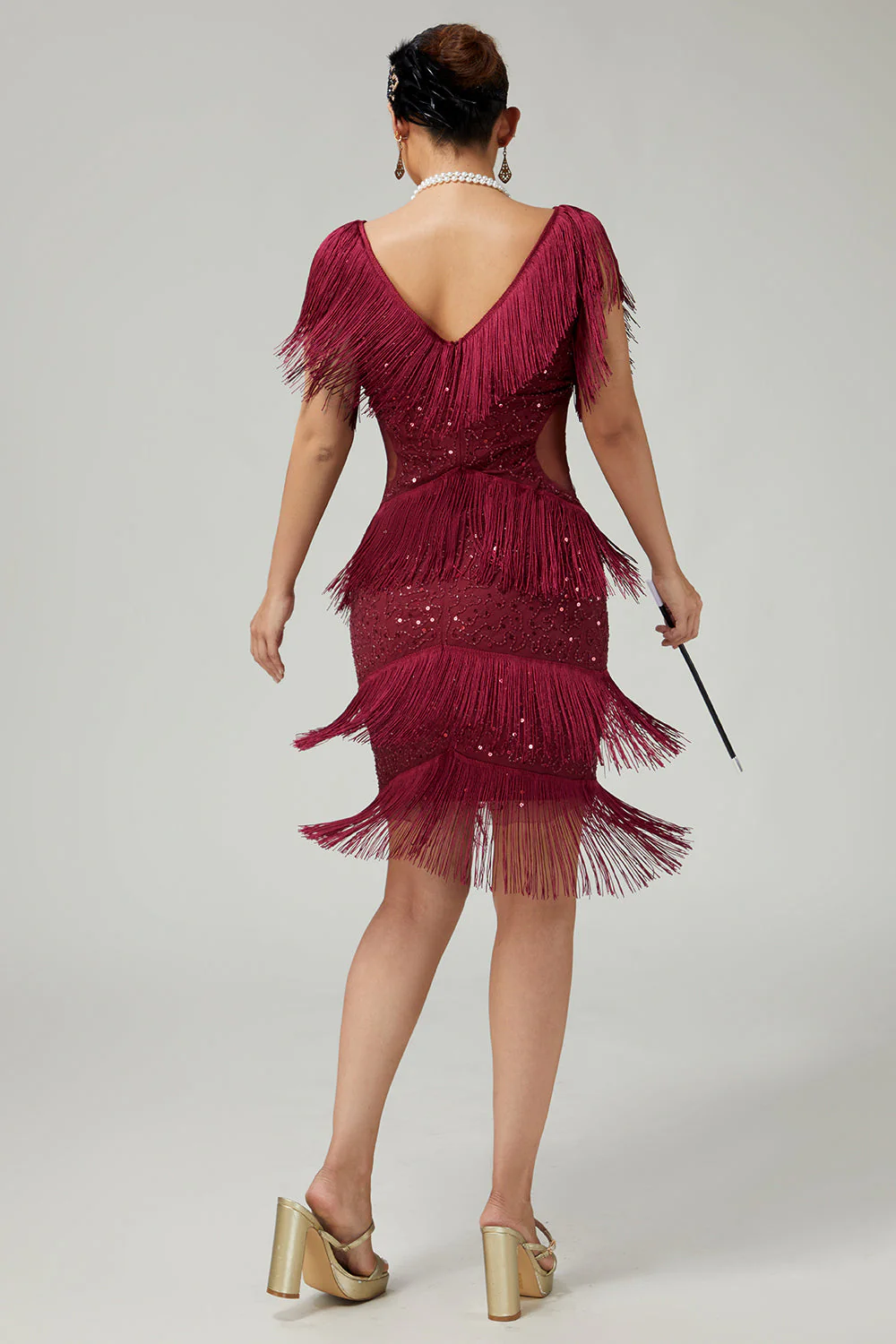 Bodycon Sequin Burgundy Tiered Fringed Sequin 1920s Dress with 5-Piece Accessories Set - Image 2