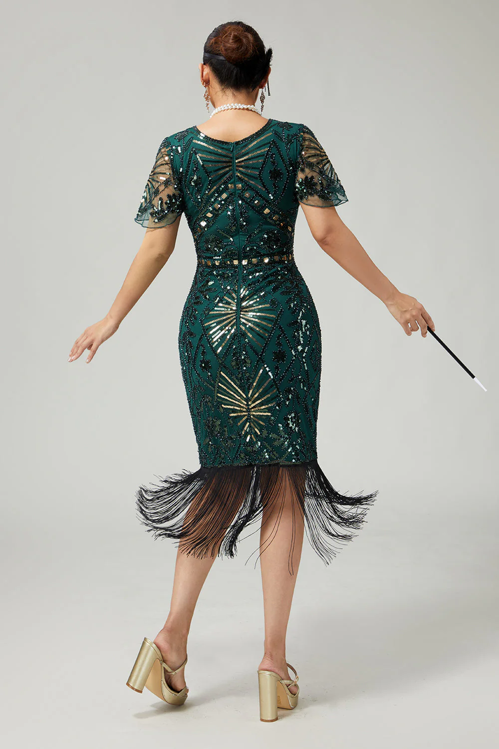 Bodycon Sequin Dark Green Fringed 1920s Dress With 5-Piece Accessories Set - Image 2