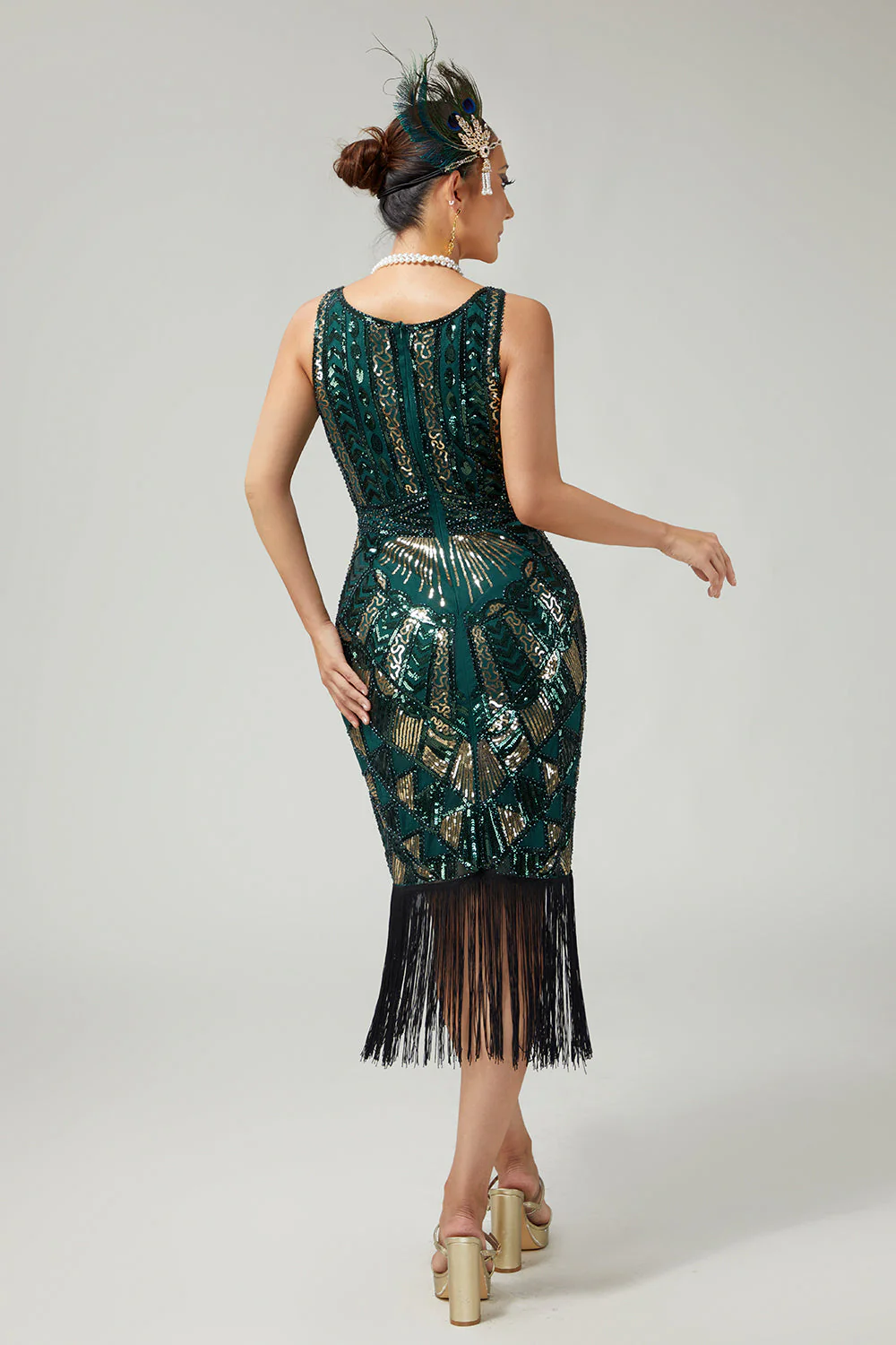 Bodycon Sequined Fringed Dark Green Sleeveless 1920s Dress - Image 2