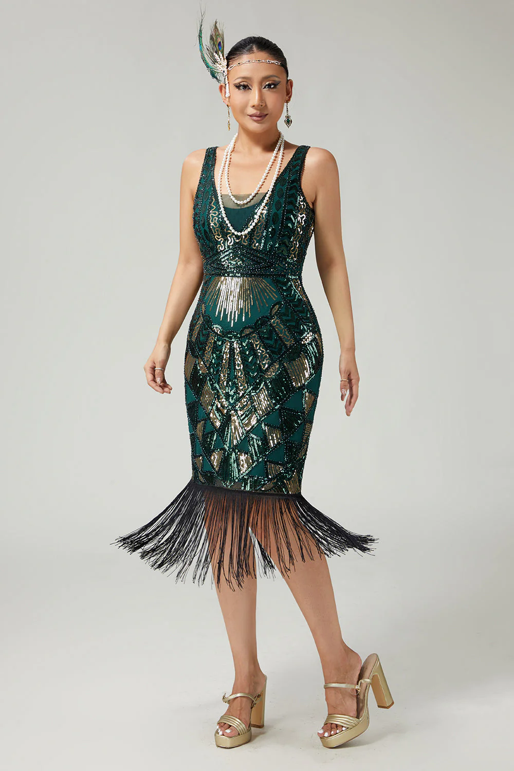 Bodycon Sequined Fringed Dark Green Sleeveless 1920s Dress - Image 6