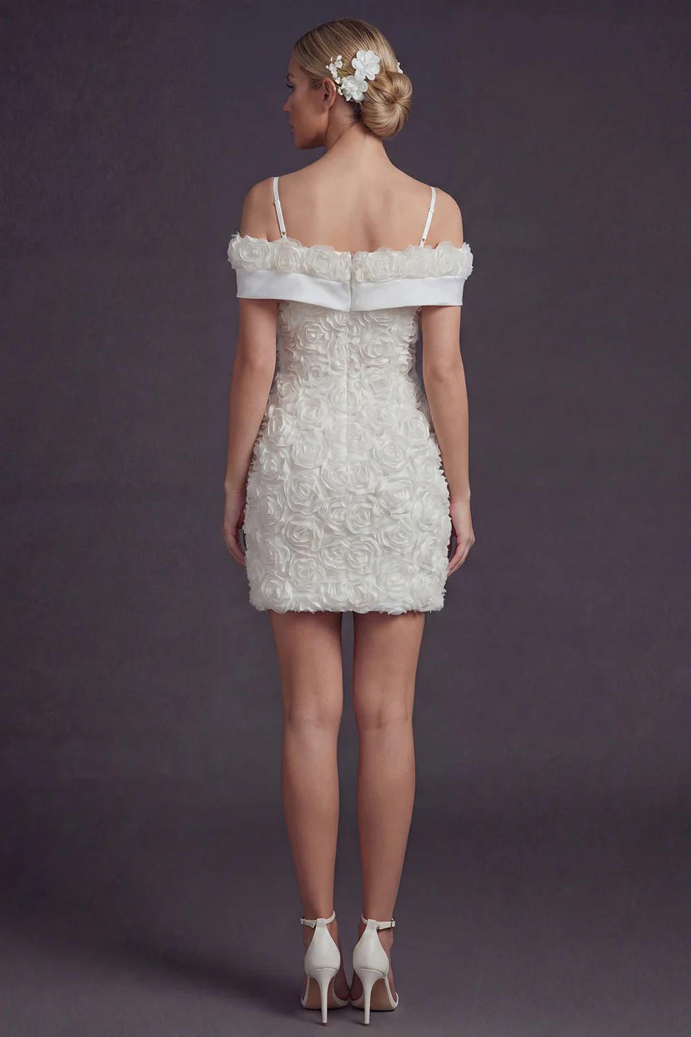 Bodycon White Cold Shoulder Short Wedding Dress with 3D Flowers - Image 2