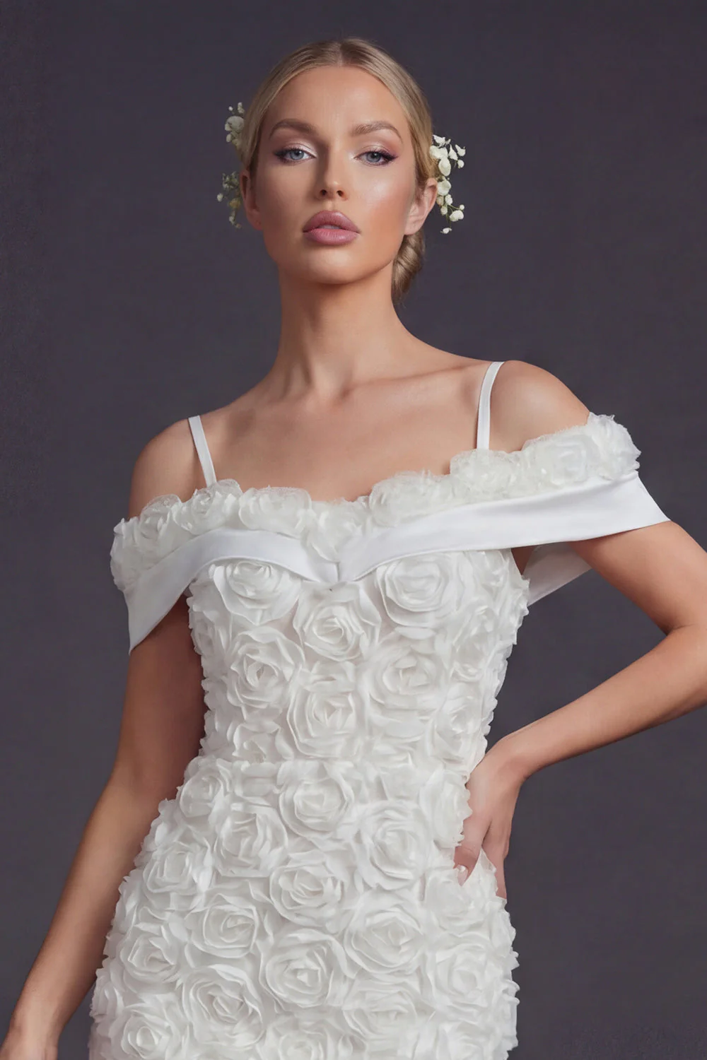Bodycon White Cold Shoulder Short Wedding Dress with 3D Flowers - Image 3