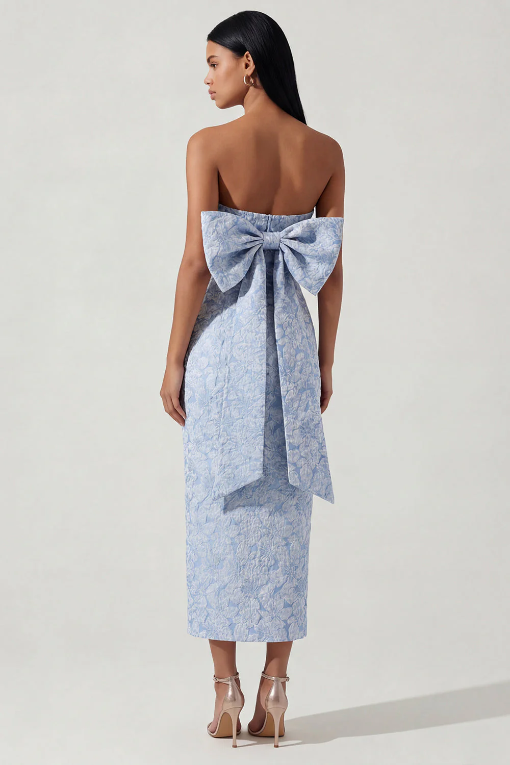 Bowknot Blue Strapless Jacquard Sheath Midi Dress with Slit - Image 2