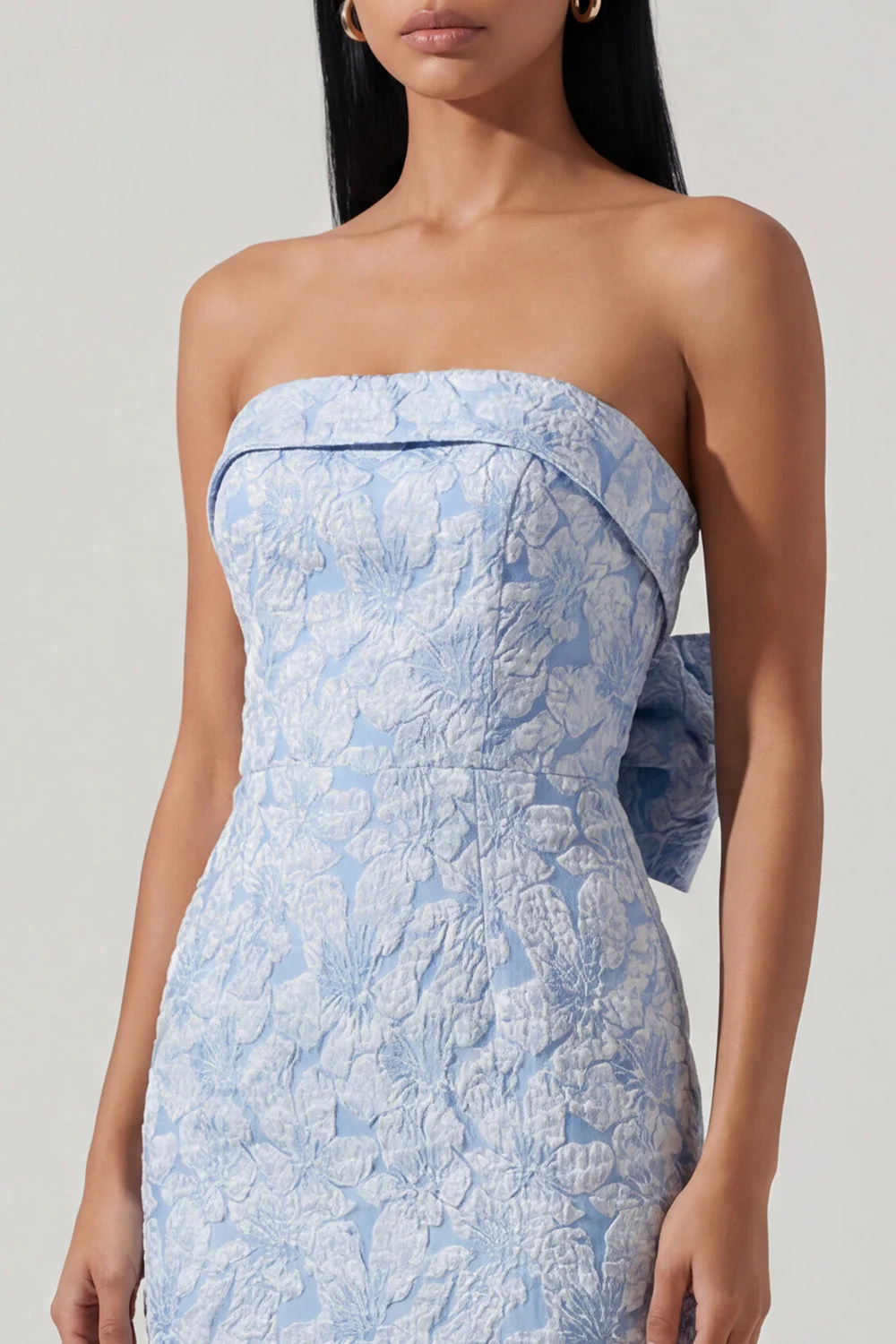 Bowknot Blue Strapless Jacquard Sheath Midi Dress with Slit - Image 3