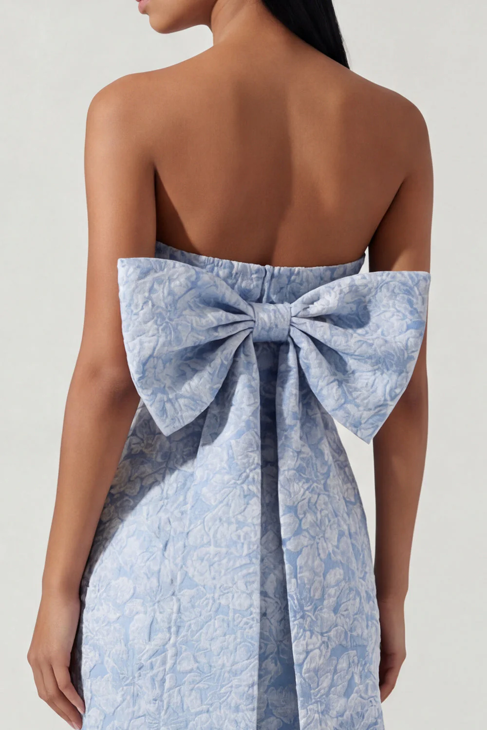 Bowknot Blue Strapless Jacquard Sheath Midi Dress with Slit - Image 4