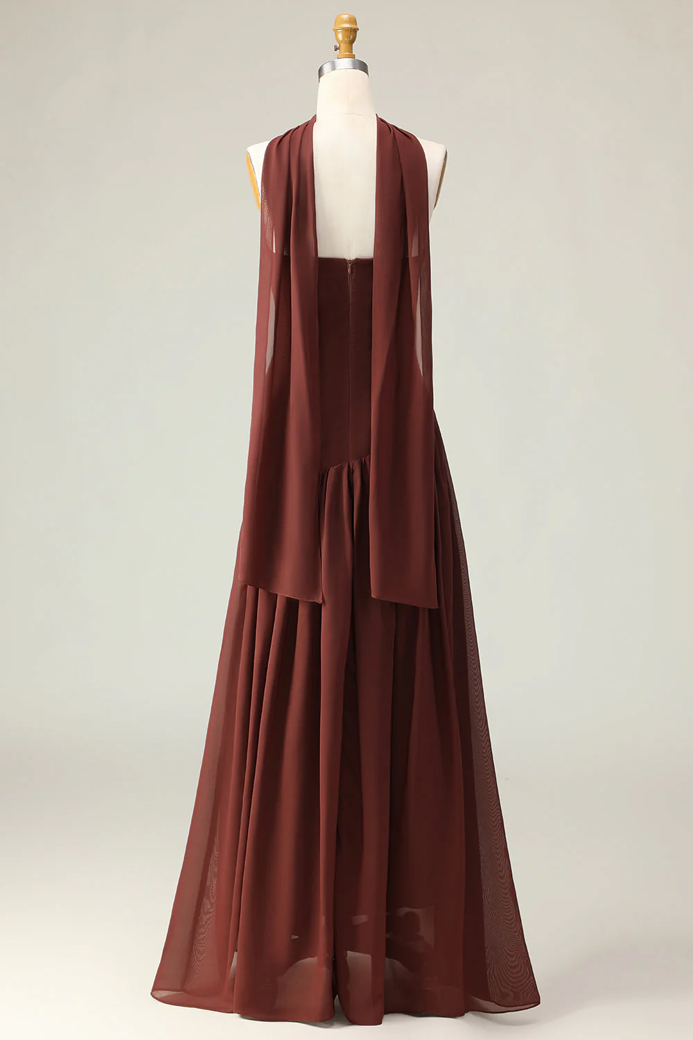 Brown A-Line Strapless Evening Dress with a Neck Scarf - Image 2