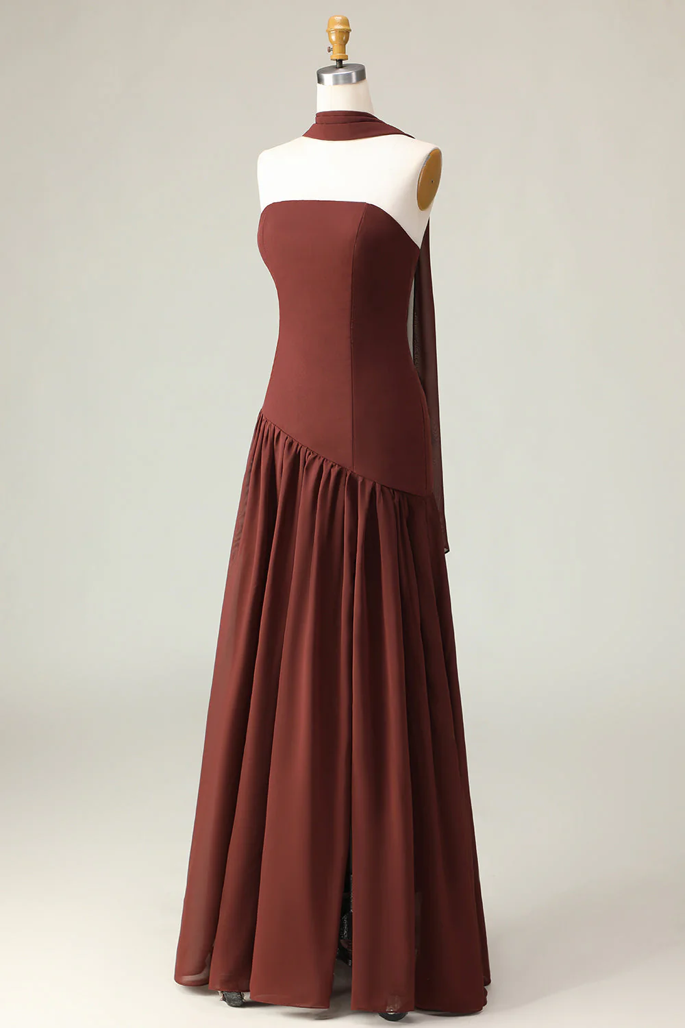 Brown A-Line Strapless Evening Dress with a Neck Scarf - Image 3