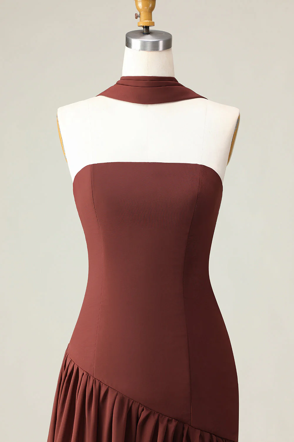 Brown A-Line Strapless Evening Dress with a Neck Scarf - Image 4